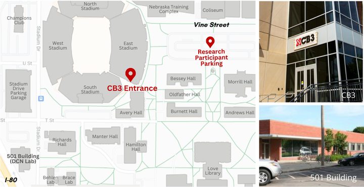 UNL Map to CB3 with Labels (left), front view of CB3 Entrance (top-right), and front view of 501 Bldg